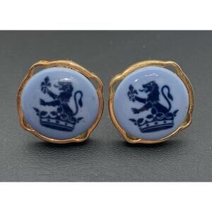 Vintage Denmark Swank Royal Copenhagen Porcelain Blue Rampant Lion Cufflinks